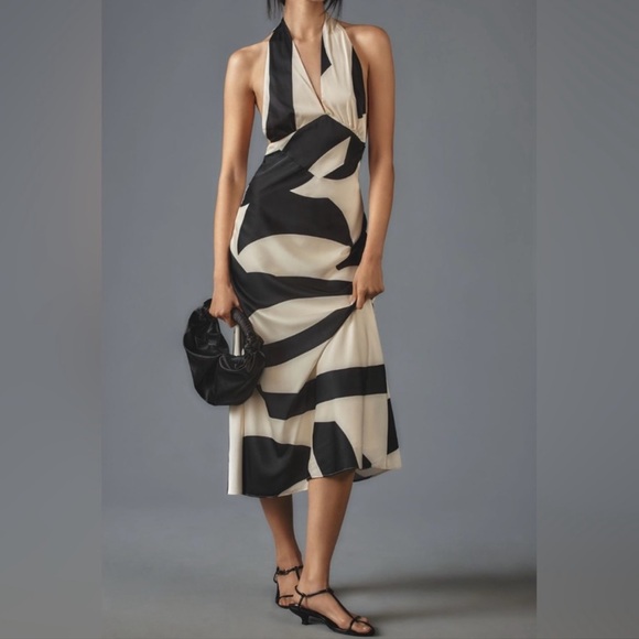 Anthropologie Dresses & Skirts - Anthropologie Bardot Citron V-Neck Halter Midi Dress Black Cream Size 12 NWT